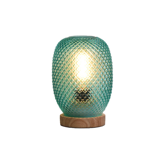 Green Glass Pineapple Night Table Lamp With Wood Base For Bedside Reading