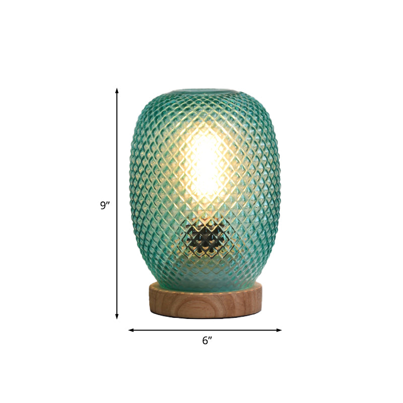 Green Glass Pineapple Night Table Lamp With Wood Base For Bedside Reading