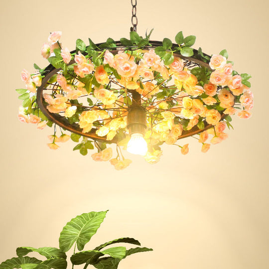 8.5/15 W Wheel Drop Lamp: Factory Iron Pendant With Pink/Blue Down Lighting Artificial Flower Decor