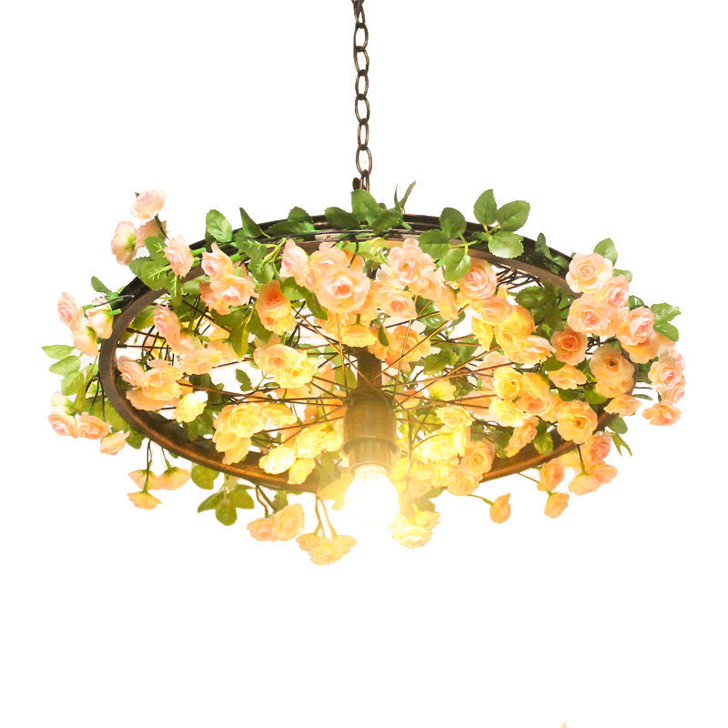 8.5/15 W Wheel Drop Lamp: Factory Iron Pendant With Pink/Blue Down Lighting Artificial Flower Decor