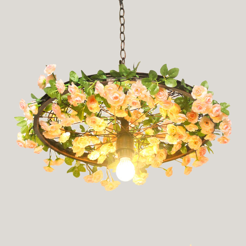 8.5/15 W Wheel Drop Lamp: Factory Iron Pendant With Pink/Blue Down Lighting Artificial Flower Decor