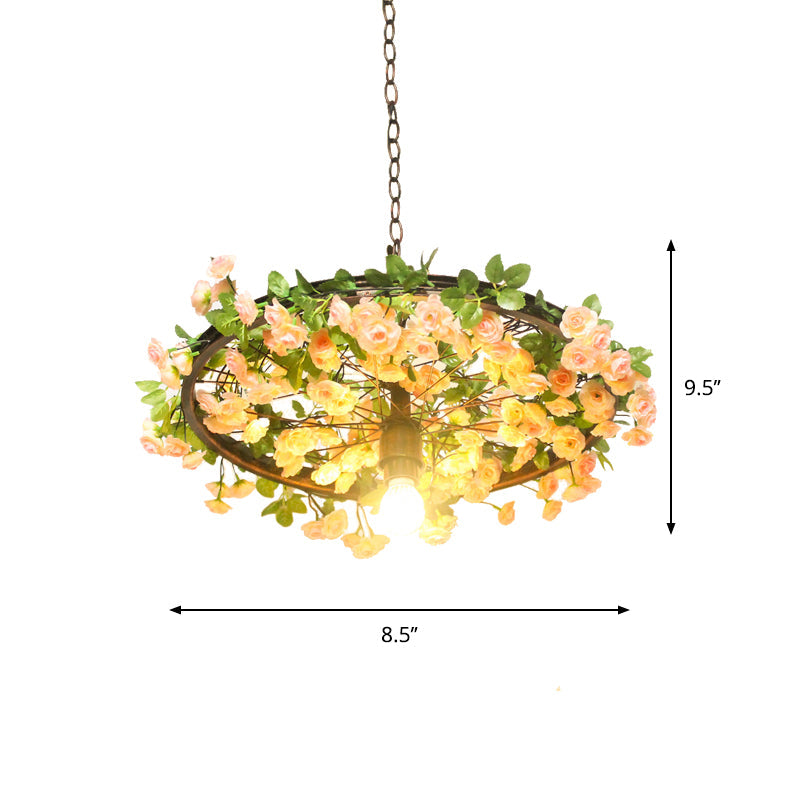 8.5/15 W Wheel Drop Lamp: Factory Iron Pendant With Pink/Blue Down Lighting Artificial Flower Decor