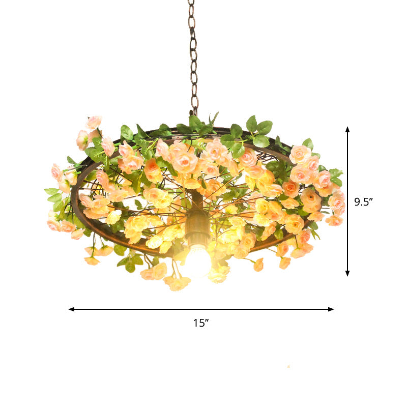 8.5"/15" W Wheel Restaurant Lamp: Iron Pendant with Down Lighting + Artificial Flower Decor (1 Bulb, Pink/Blue)