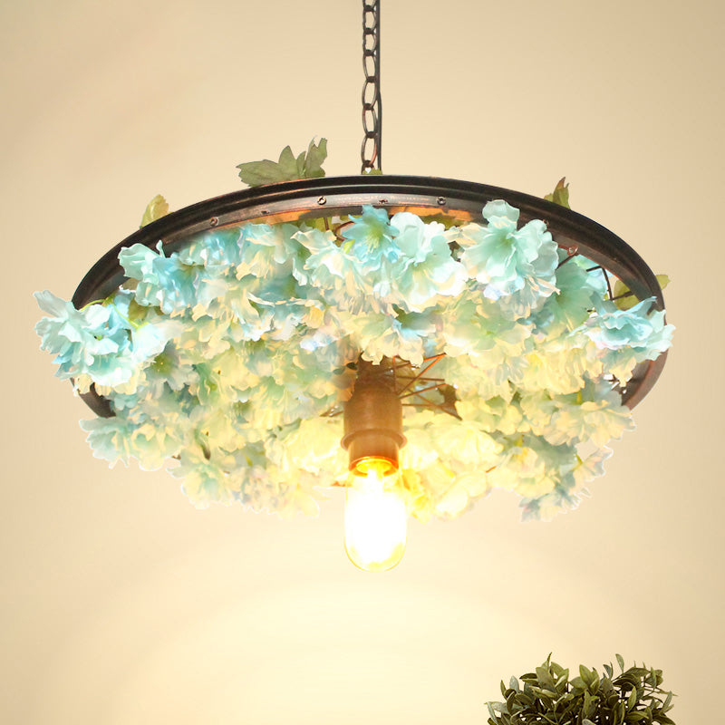 8.5/15 W Wheel Drop Lamp: Factory Iron Pendant With Pink/Blue Down Lighting Artificial Flower Decor