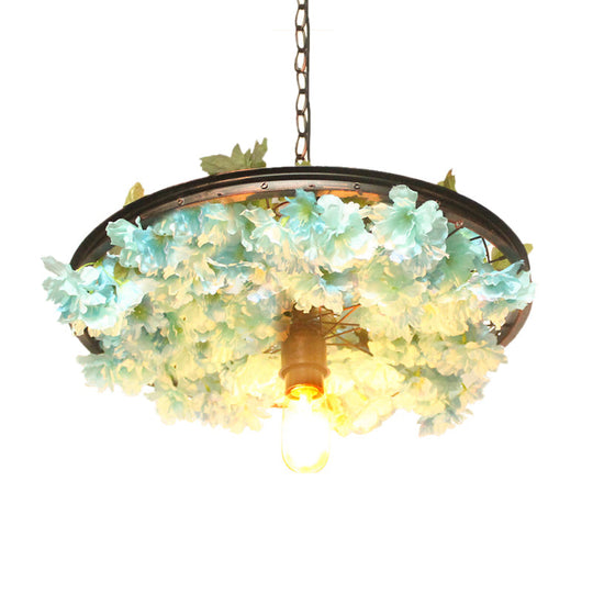 8.5/15 W Wheel Drop Lamp: Factory Iron Pendant With Pink/Blue Down Lighting Artificial Flower Decor