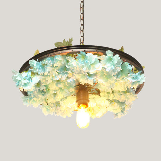 8.5"/15" W Wheel Restaurant Lamp: Iron Pendant with Down Lighting + Artificial Flower Decor (1 Bulb, Pink/Blue)