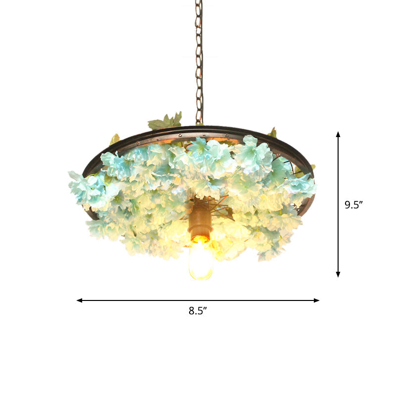 8.5/15 W Wheel Drop Lamp: Factory Iron Pendant With Pink/Blue Down Lighting Artificial Flower Decor