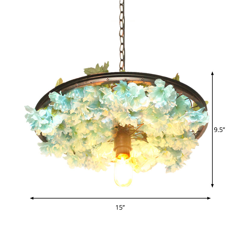 8.5/15 W Wheel Drop Lamp: Factory Iron Pendant With Pink/Blue Down Lighting Artificial Flower Decor