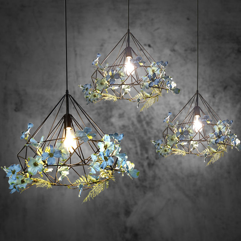 Farmhouse Black Diamond Cage Pendant Lamp - 1-Bulb Restaurant Suspension Lighting, Sizes: 18"/19.5"/23.5" W