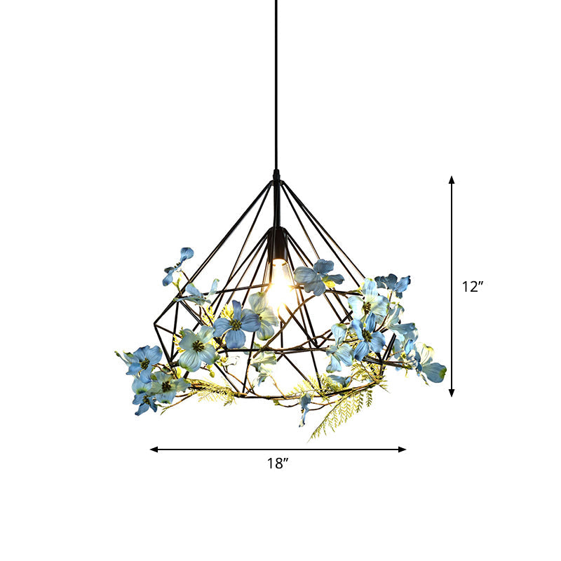 Farmhouse Black Diamond Cage Pendant Lamp - 1-Bulb Restaurant Suspension Lighting, Sizes: 18"/19.5"/23.5" W