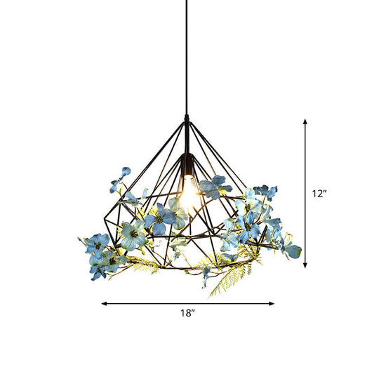 Farmhouse Diamond Cage Pendant Lamp - Black 18/19.5/23.5 W Restaurant Suspension Lighting