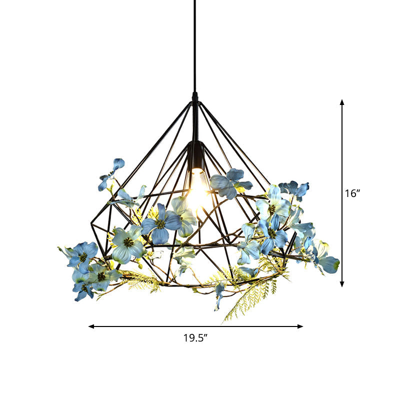 Farmhouse Black Diamond Cage Pendant Lamp - 1-Bulb Restaurant Suspension Lighting, Sizes: 18"/19.5"/23.5" W