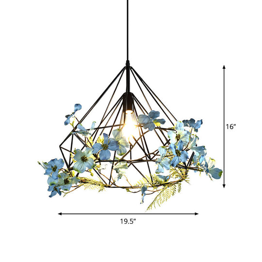 Farmhouse Black Diamond Cage Pendant Lamp - 1-Bulb Restaurant Suspension Lighting, Sizes: 18"/19.5"/23.5" W