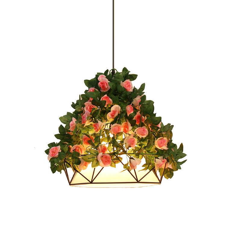 Stylish Pink/Green Hanging Light Pendant Lamp - Farm Iron Diamond Frame with Fabric Shade