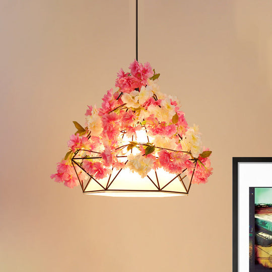 Stylish Pink/Green Hanging Light Pendant Lamp - Farm Iron Diamond Frame with Fabric Shade