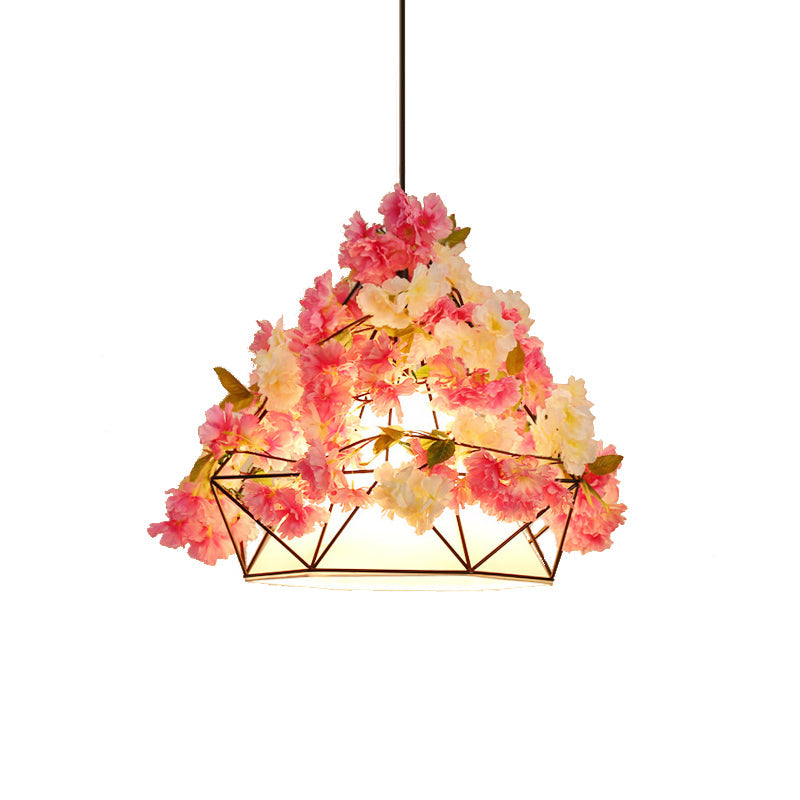 Stylish Pink/Green Hanging Light Pendant Lamp - Farm Iron Diamond Frame with Fabric Shade