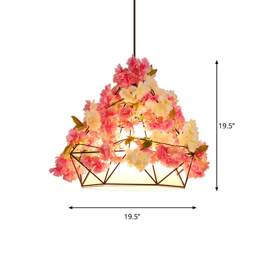 Stylish Pink/Green Hanging Light Pendant Lamp - Farm Iron Diamond Frame with Fabric Shade