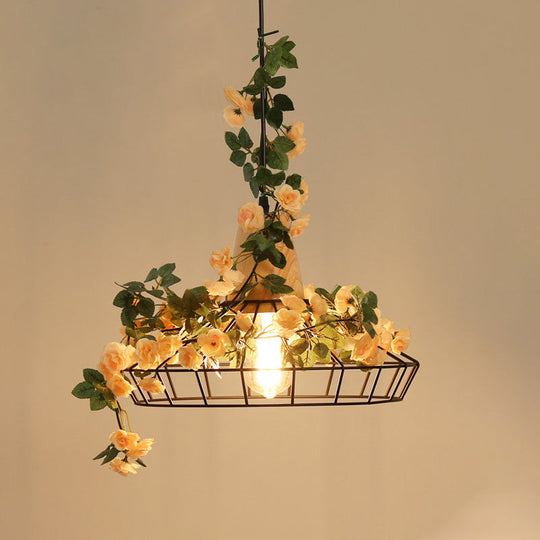 Modern Black Iron Pendant Light with Hanging Flower Jar Design, Ideal for Restaurants and Farm-inspired Decor