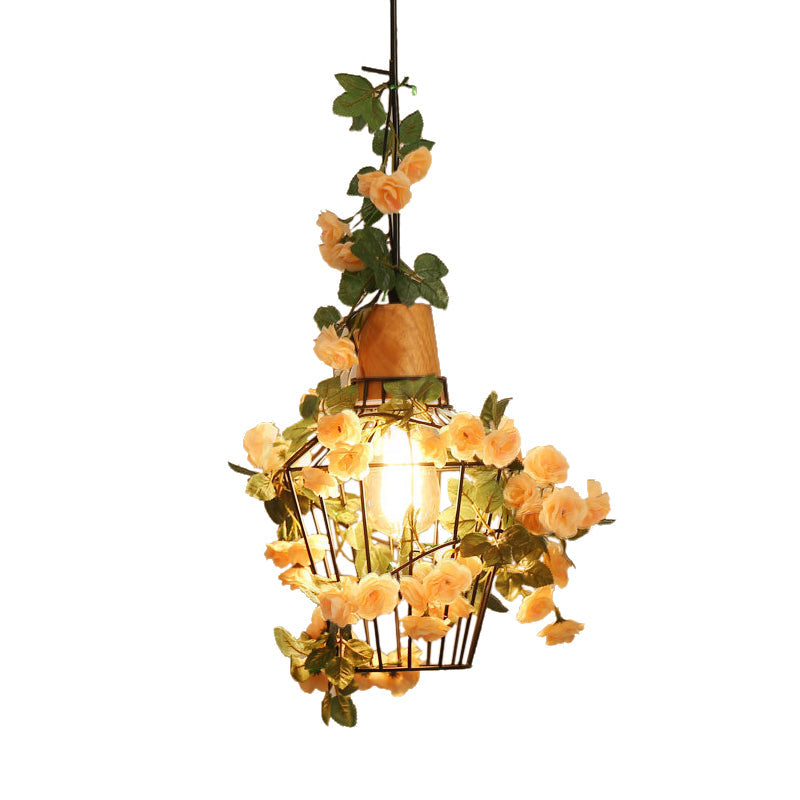 Modern Black Iron Pendant Light with Hanging Flower Jar Design, Ideal for Restaurants and Farm-inspired Decor