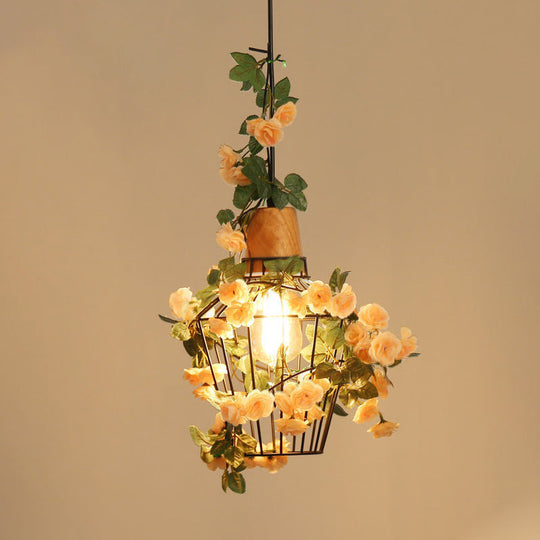 Modern Black Iron Pendant Light with Hanging Flower Jar Design, Ideal for Restaurants and Farm-inspired Decor