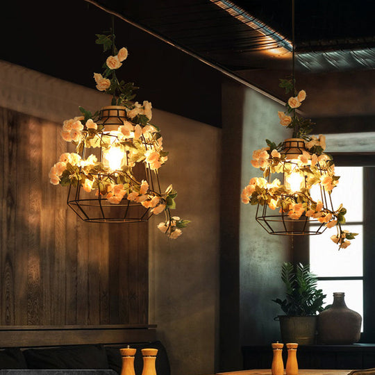 Modern Black Iron Pendant Light with Hanging Flower Jar Design, Ideal for Restaurants and Farm-inspired Decor