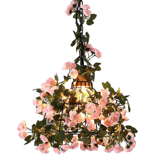 Farmhouse Iron Pendant Light With Wooden Cap In Black - 1-Light Flower Suspension Fixture