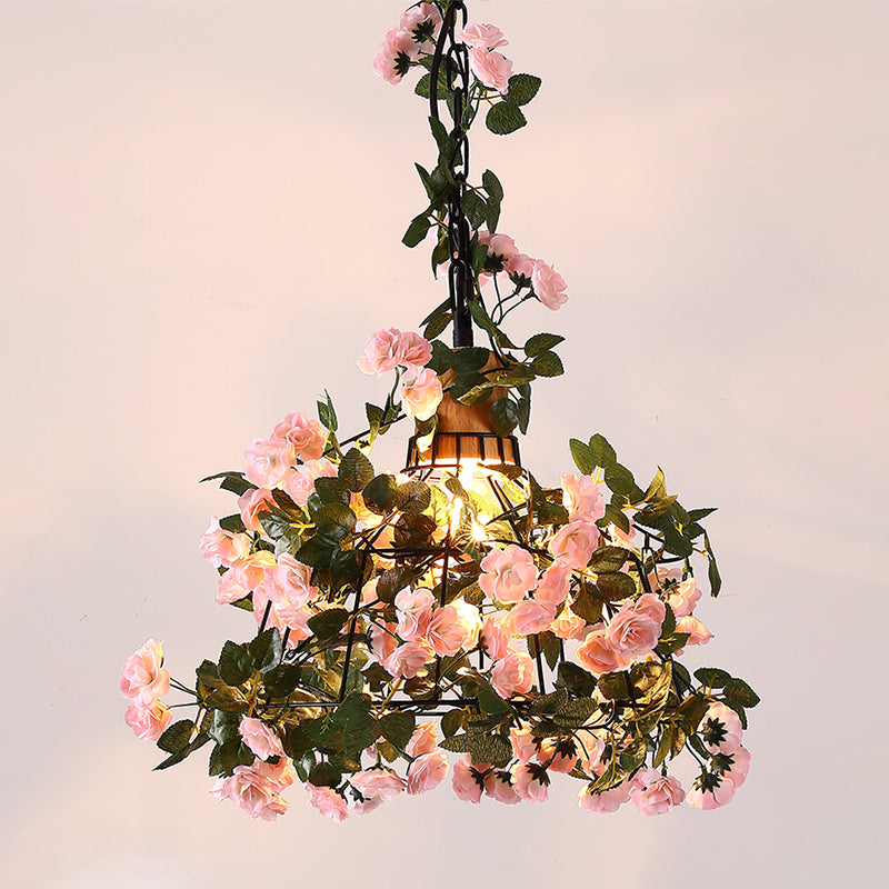 Farmhouse Pendant Light with Iron Flower Design and Wooden Cap in Black