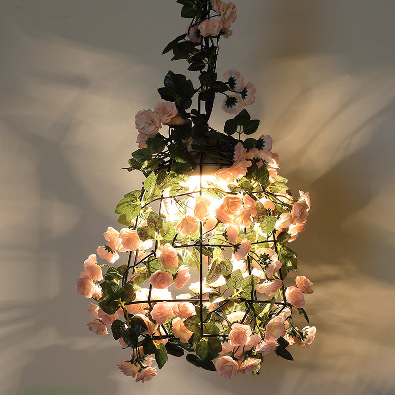 Farmhouse Pendant Light with Iron Flower Design and Wooden Cap in Black