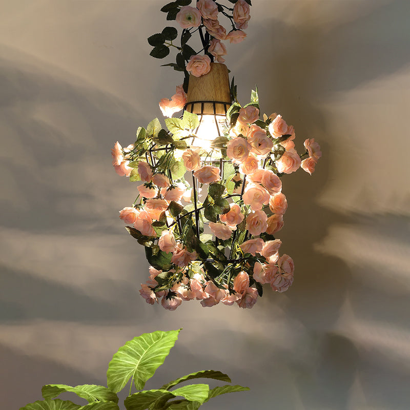 Farmhouse Pendant Light with Iron Flower Design and Wooden Cap in Black