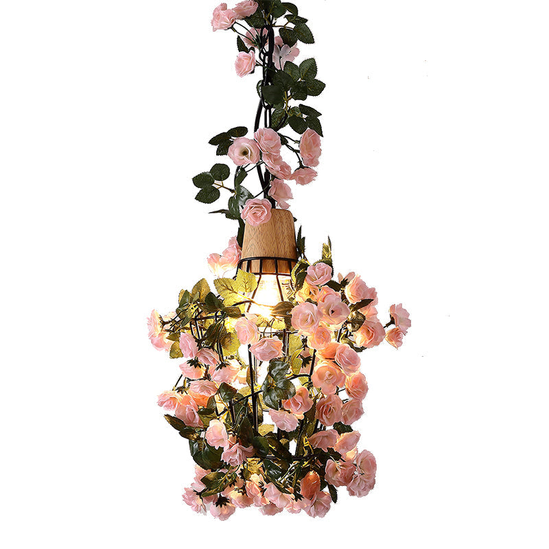 Farmhouse Pendant Light with Iron Flower Design and Wooden Cap in Black