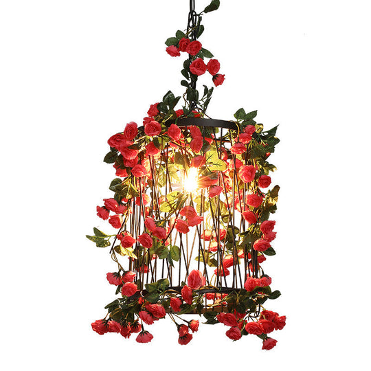 Black Metal Cylinder Pendant Light - Farmhouse 1-Head Restaurant Flower Down Lighting