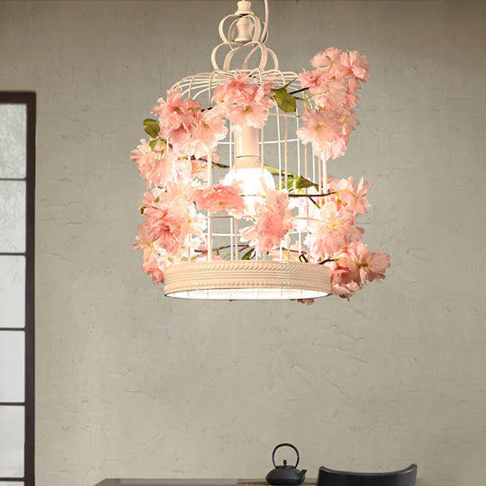 White Flower Birdcage Pendant Light With Iron Frame And 1 Bulb For Restaurant Warehouse Decor