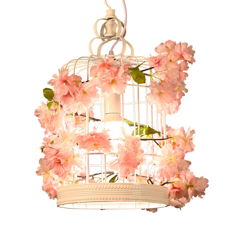 Birdcage Pendant Light Fixture with White Flower Design for Restaurant or Warehouse Decor