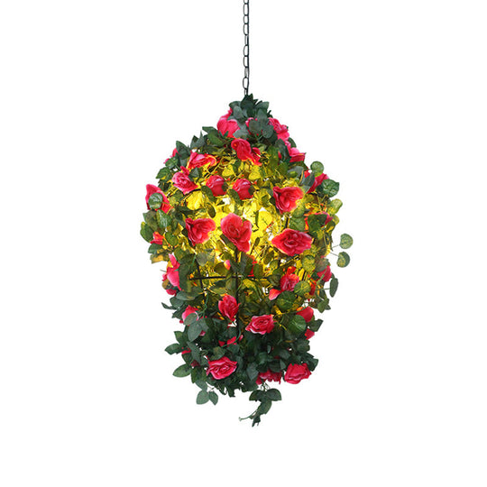 Modern Iron Pendant Lamp with Hanging Cone Cage Design and Flower Decor - Red/Blue Accent Bulb