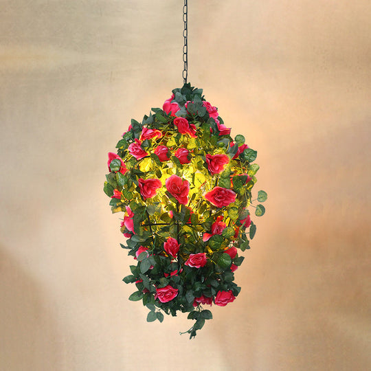 Modern Iron Pendant Lamp with Hanging Cone Cage Design and Flower Decor - Red/Blue Accent Bulb