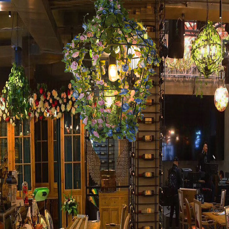 Modern Iron Pendant Lamp with Hanging Cone Cage Design and Flower Decor - Red/Blue Accent Bulb