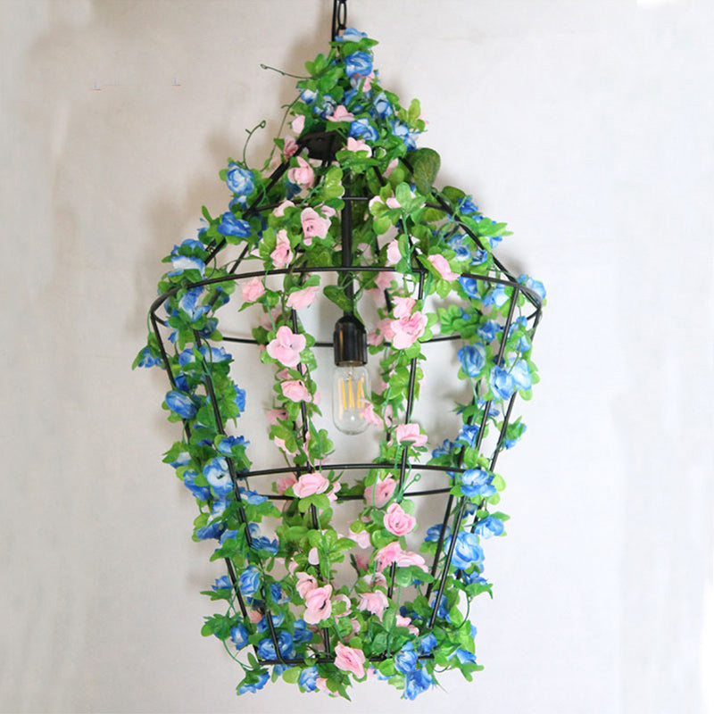 Modern Iron Pendant Lamp with Hanging Cone Cage Design and Flower Decor - Red/Blue Accent Bulb