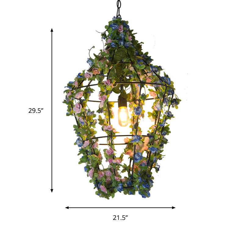 Modern Iron Pendant Lamp with Hanging Cone Cage Design and Flower Decor - Red/Blue Accent Bulb