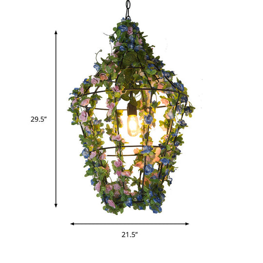 Modern Iron Pendant Lamp with Hanging Cone Cage Design and Flower Decor - Red/Blue Accent Bulb