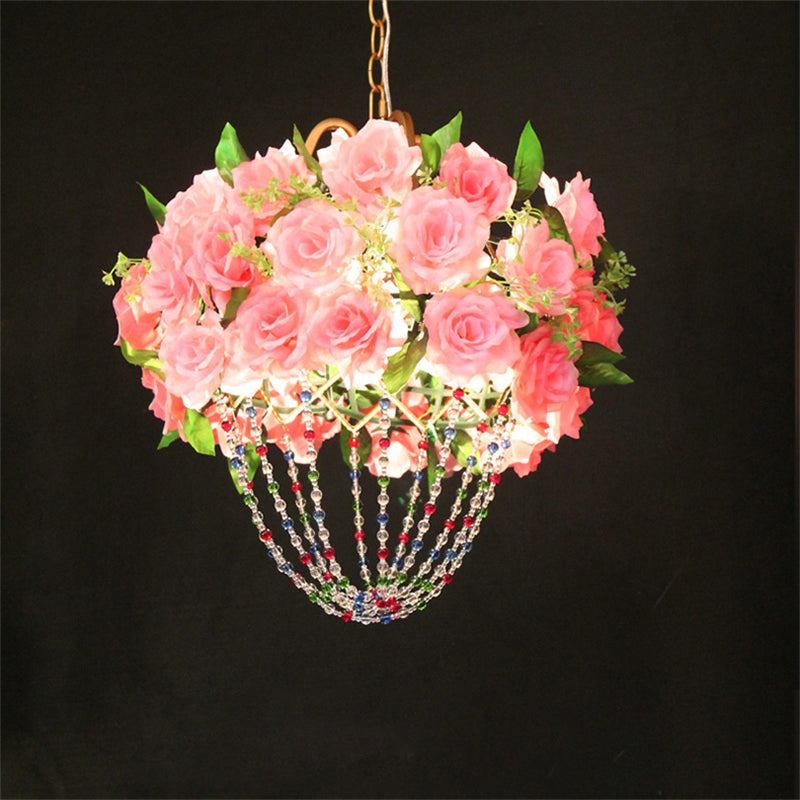 Vintage Crystal Pendant Ceiling Lamp - Green/Pink Beaded with Flower Decoration - Ideal for Restaurant Lighting