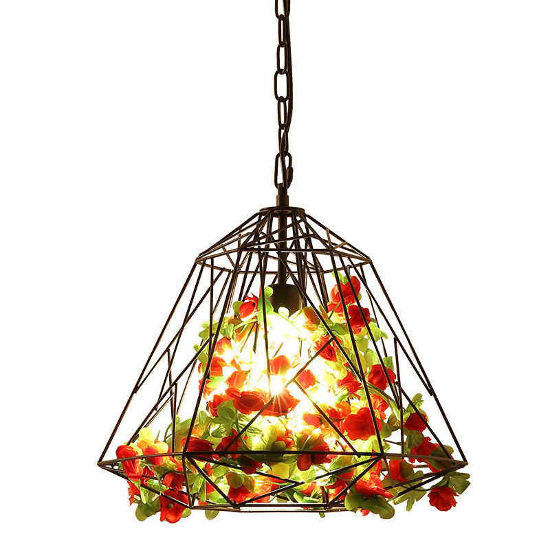 Farm Diamond Cage Ceiling Pendant with Artificial Flower - Black Iron Hanging Light Fixture