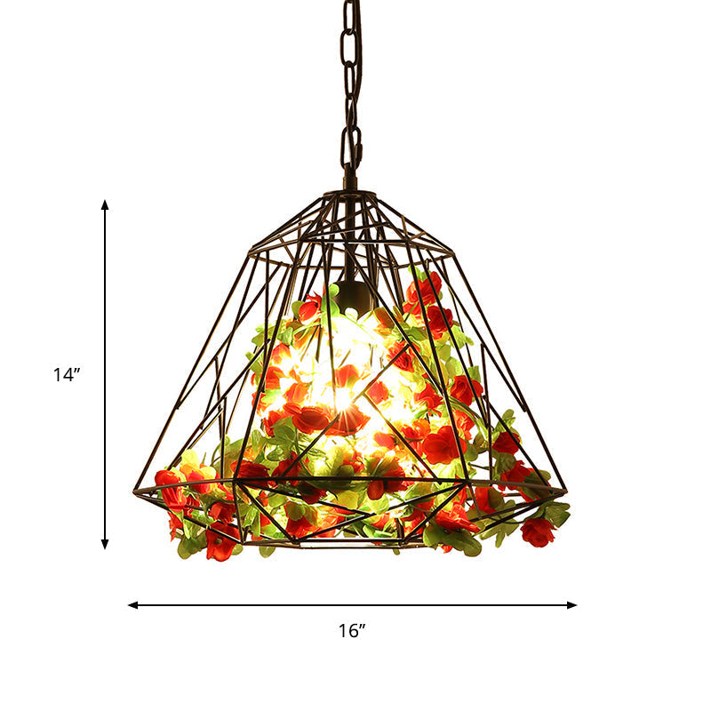 Farm Diamond Cage Ceiling Pendant with Artificial Flower - Black Iron Hanging Light Fixture