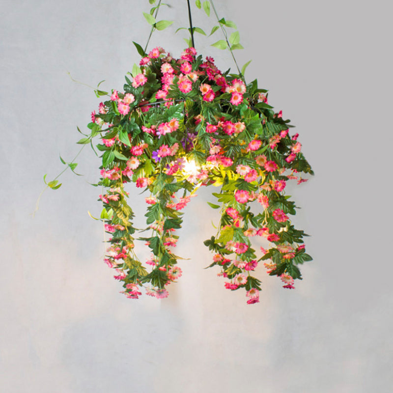 Black Iron Warehouse Flower Basket Drop Pendant Light With Wire Cage - Ideal For Restaurants