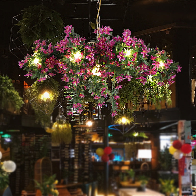 Industrial Starburst Chandelier With 12 Metal Lights And Flower Decor In Black