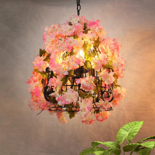 Farmhouse Iron Pendant Light With Pink Cherry Blossom Design - 3 Bulbs Bell Cage Perfect For