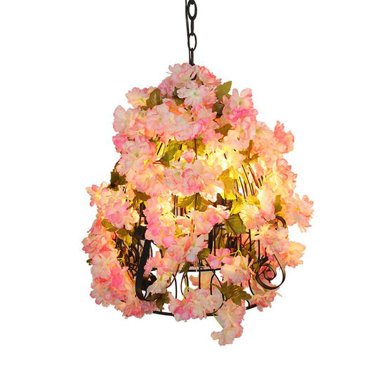 Farmhouse Iron Chandelier with Pink Cherry Blossoms and Bell Cage - 3 Bulb Pendant Light for Restaurants