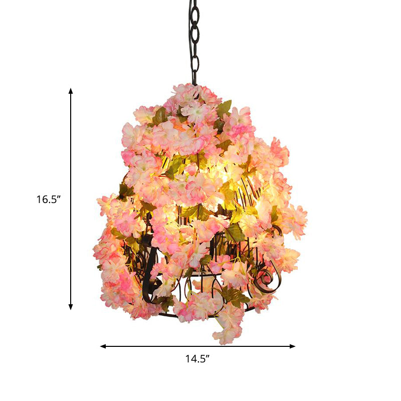 Farmhouse Iron Chandelier with Pink Cherry Blossoms and Bell Cage - 3 Bulb Pendant Light for Restaurants