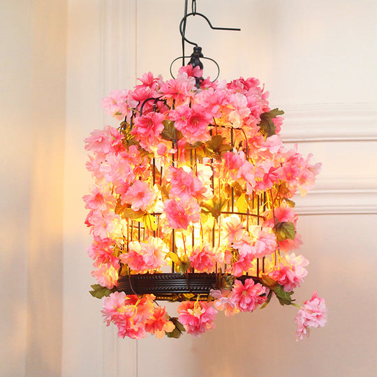 Birdcage Farm Iron Chandelier Light Fixture - Pink Flower Hanging Lamp Kit (3 Heads)