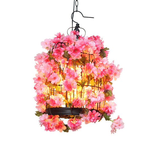 Farmhouse Birdcage Chandelier with Pink Flower Accents - 3 Iron Pendant Lights