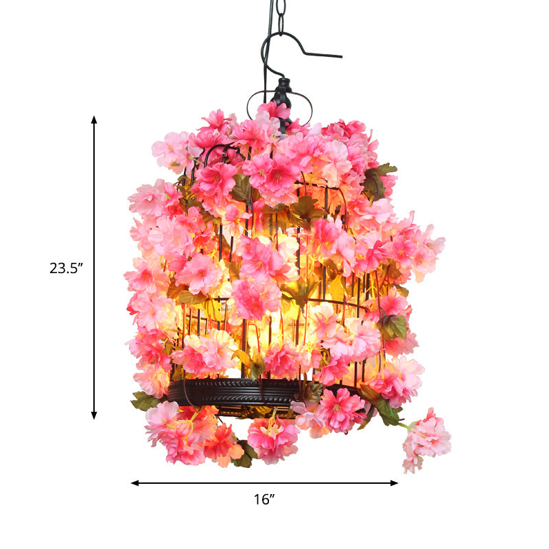 Farmhouse Birdcage Chandelier with Pink Flower Accents - 3 Iron Pendant Lights